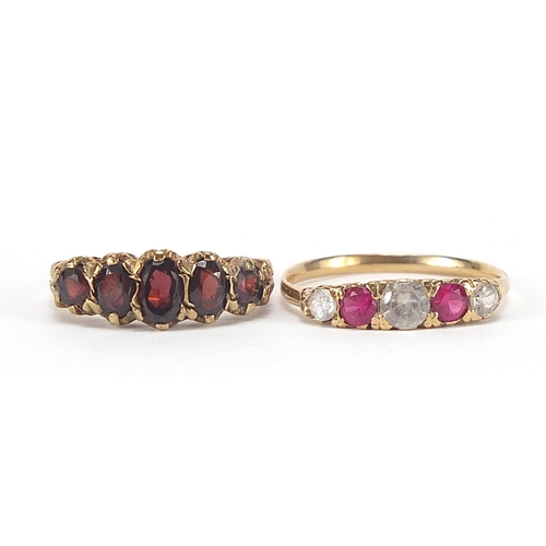 1696 - 9ct gold garnet five stone ring and 9ct gold pink and clear stone ring, sizes N and Q, 5.2g