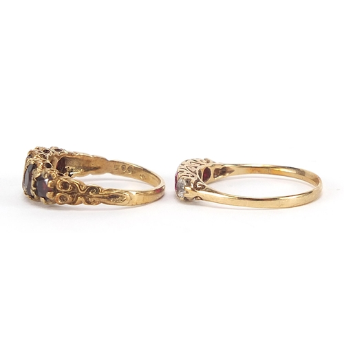 1696 - 9ct gold garnet five stone ring and 9ct gold pink and clear stone ring, sizes N and Q, 5.2g