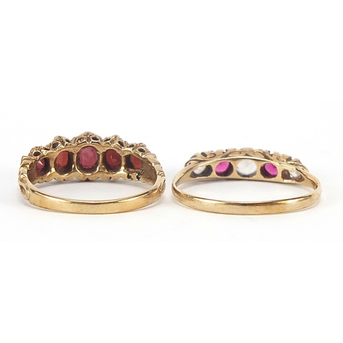 1696 - 9ct gold garnet five stone ring and 9ct gold pink and clear stone ring, sizes N and Q, 5.2g