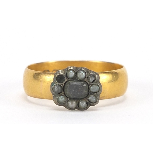 1698 - William IV 22ct gold seed pearl mourning ring, Chester 1831, size O, 4.8g