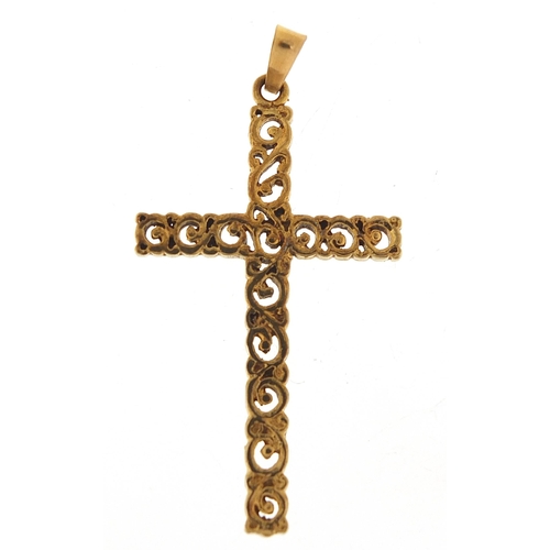 1742 - 9ct gold pierced cross pendant, 5cm high, 4.8g