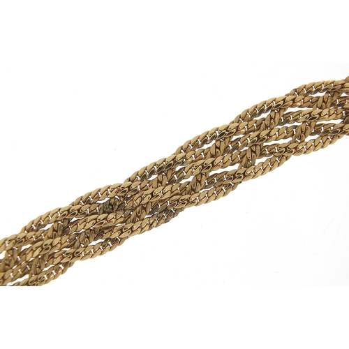 1680 - Unmarked gold six row weave bracelet, (tests as 9ct gold) 16cm in length, 16.0g