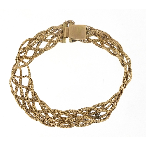 1680 - Unmarked gold six row weave bracelet, (tests as 9ct gold) 16cm in length, 16.0g