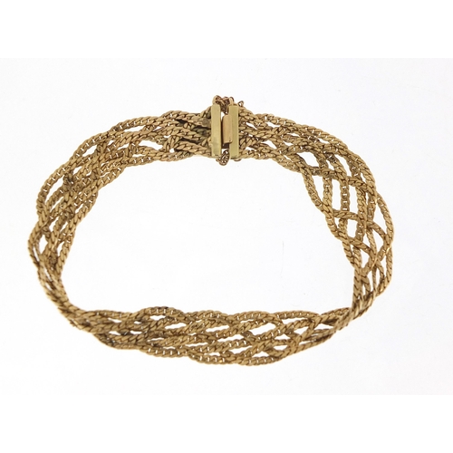 1680 - Unmarked gold six row weave bracelet, (tests as 9ct gold) 16cm in length, 16.0g