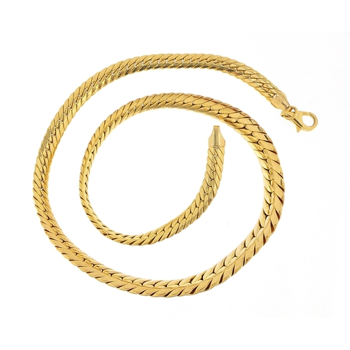 1677 - 14ct gold graduated snake link necklace, 40cm in length, 19.8g