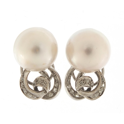 1706 - Pair of unmarked white gold, pearl and diamond earrings, 2.5cm high, 14.6g