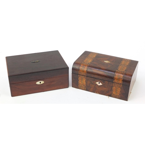 285 - Two Victorian rosewood workboxes including one with marquetry banding, both having mother of pearl e... 