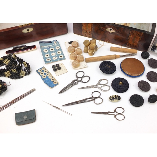 285 - Two Victorian rosewood workboxes including one with marquetry banding, both having mother of pearl e... 