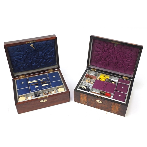 285 - Two Victorian rosewood workboxes including one with marquetry banding, both having mother of pearl e... 