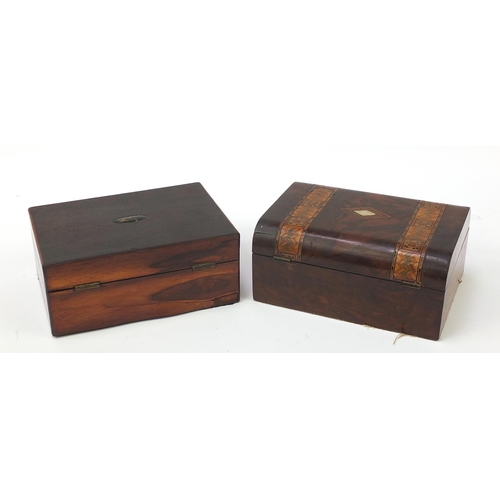 285 - Two Victorian rosewood workboxes including one with marquetry banding, both having mother of pearl e... 