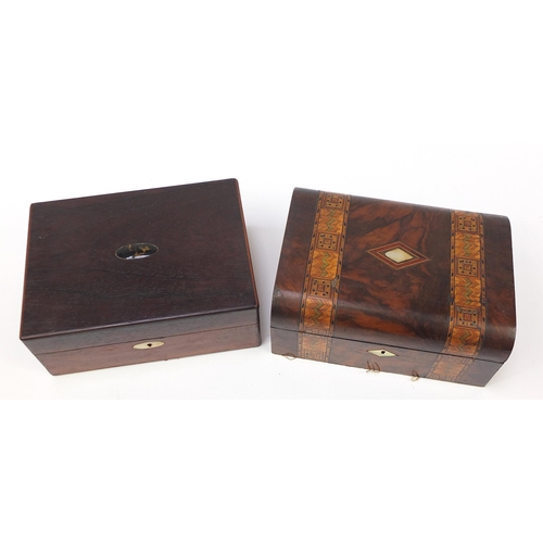 285 - Two Victorian rosewood workboxes including one with marquetry banding, both having mother of pearl e... 