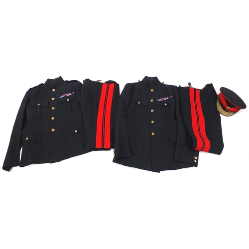 2462A - Two military interest Life Guard's black uniforms with peak cap, shoulder tabs on one uniform holdin... 