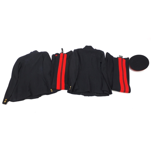 2462A - Two military interest Life Guard's black uniforms with peak cap, shoulder tabs on one uniform holdin... 