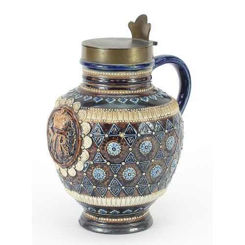 372 - Victorian Doulton Lambeth jug retailed by Jane Mortlock & Co of Oxford Street London 1879, 21cm high