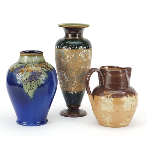 376 - Two Royal Doulton vases and a jug including a Slater pattern example, the largest 28cm high