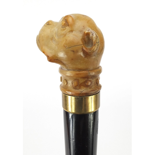 328 - Hardwood walking stick with bulldog design pommel, 92 in length