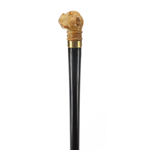 328 - Hardwood walking stick with bulldog design pommel, 92 in length