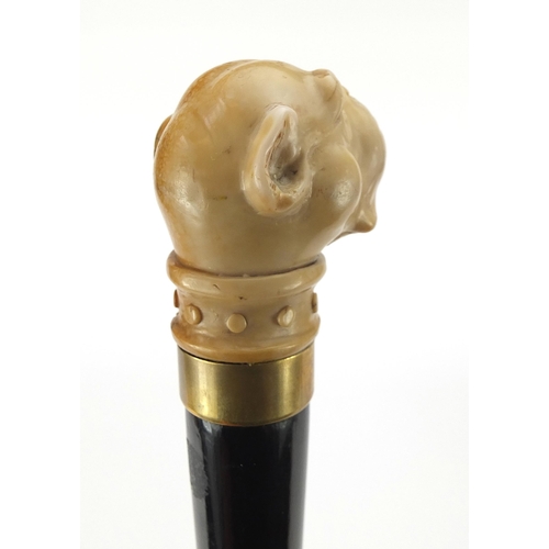 328 - Hardwood walking stick with bulldog design pommel, 92 in length