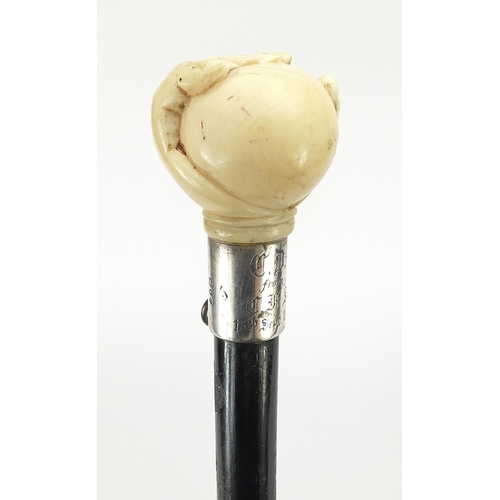 326 - Ebony walking stick with carved silver pommel being in the form of a hand holding a ball, 90cm in le... 