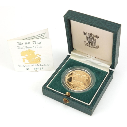 2486 - 1987 gold proof two pound coin with box and certificate, number 00159