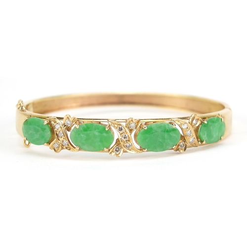 1668 - 18ct gold Chinese green jade and diamond hinged bangle, 5.5cm wide, 11.8g