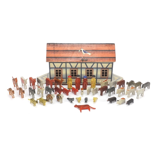 334 - Old wooden Noah's ark with carved woodens animals including horses, 33cm in length