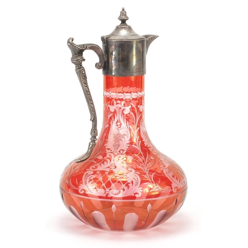 365 - Edwardian ruby flashed glass claret jug with silver plated mounts, 29cm high