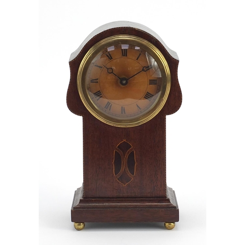 264 - Art Nouveau inlaid mahogany mantle clock standing on brass ball feet, 22cm high