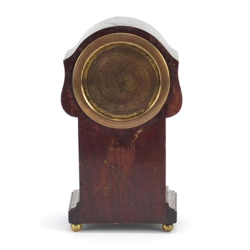 264 - Art Nouveau inlaid mahogany mantle clock standing on brass ball feet, 22cm high