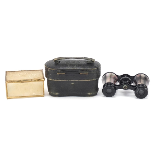 1390 - Pair of French opera glasses with abalone grips and a brass mounted shell box with hinged lid, 7.5cm... 