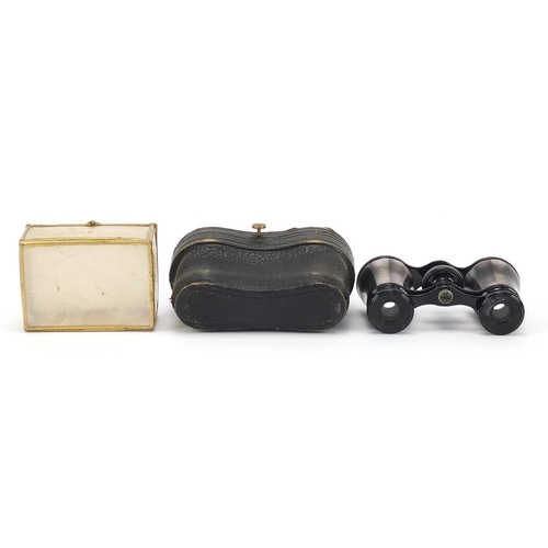 1390 - Pair of French opera glasses with abalone grips and a brass mounted shell box with hinged lid, 7.5cm... 