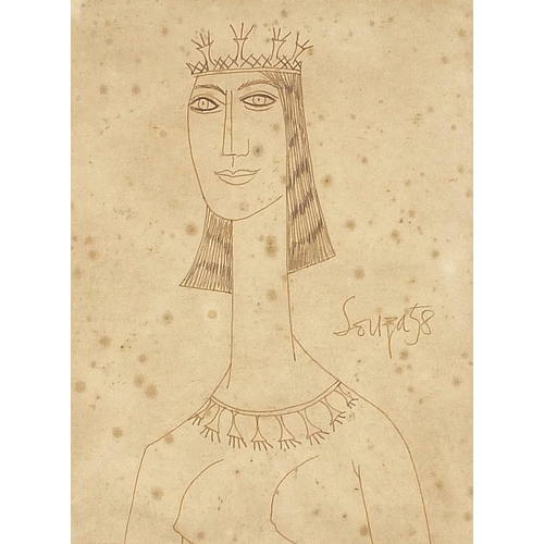 443 - Francis Newton Souza - Head and shoulders portrait of a nude female wearing a crown, ink, mounted, f... 
