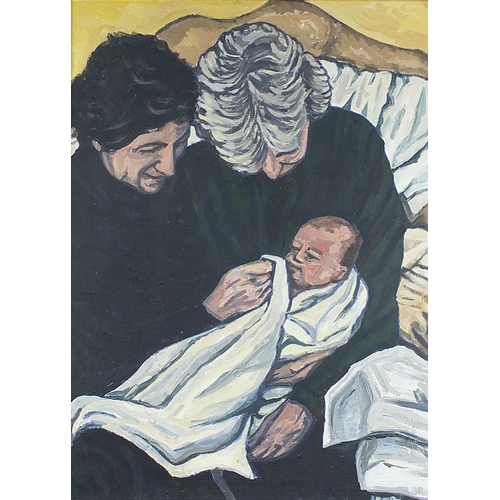 655 - Parents and child, modern British oil on canvas, mounted and framed, 59.5cm x 44cm excluding the mou... 