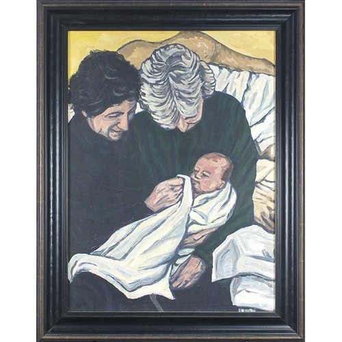 655 - Parents and child, modern British oil on canvas, mounted and framed, 59.5cm x 44cm excluding the mou... 