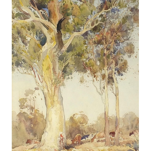 654 - Herbert Reginald Gallop - Cattle beneath trees, 20th century watercolour, mounted, framed and glazed... 