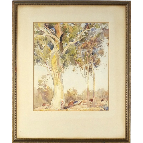 654 - Herbert Reginald Gallop - Cattle beneath trees, 20th century watercolour, mounted, framed and glazed... 