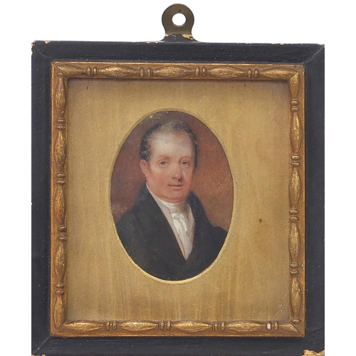 255 - 19th century oval hand painted portrait miniature of a gentleman, mounted, framed and glazed, the mi... 