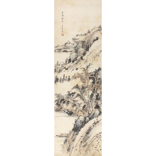 89 - Chinese wall hanging scroll depicting a mountainous landscape with character marks and red seal mark... 