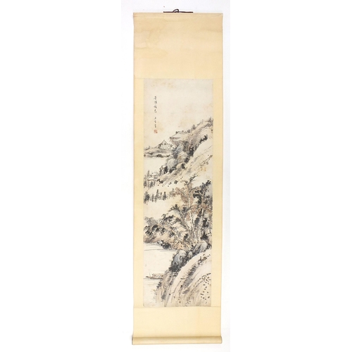 89 - Chinese wall hanging scroll depicting a mountainous landscape with character marks and red seal mark... 