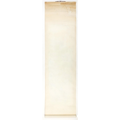 89 - Chinese wall hanging scroll depicting a mountainous landscape with character marks and red seal mark... 