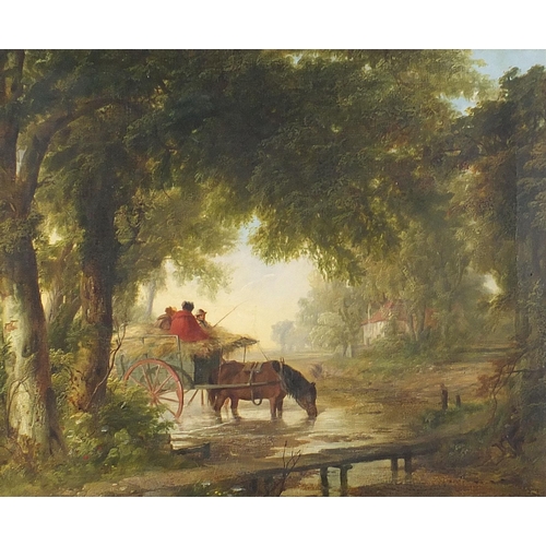445 - Manner of Samuel John Egbert Jones - Horse and cart at water, 19th century oil on canvas, mounted an... 