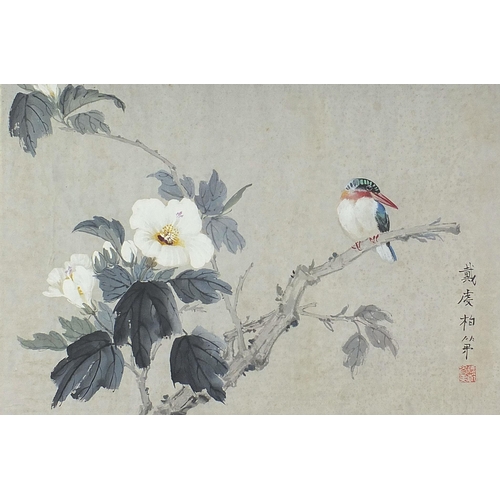 98 - Bird of paradise amongst flowers, Chinese watercolour with character marks and red seal marks, mount... 