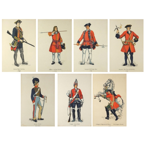 1655 - Set of seven British military interest prints in colour including Gunner Royal Artillery, Officer 1s... 