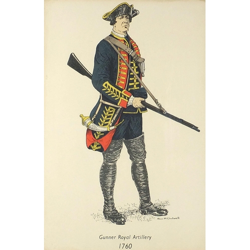 1655 - Set of seven British military interest prints in colour including Gunner Royal Artillery, Officer 1s... 