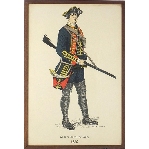 1655 - Set of seven British military interest prints in colour including Gunner Royal Artillery, Officer 1s... 