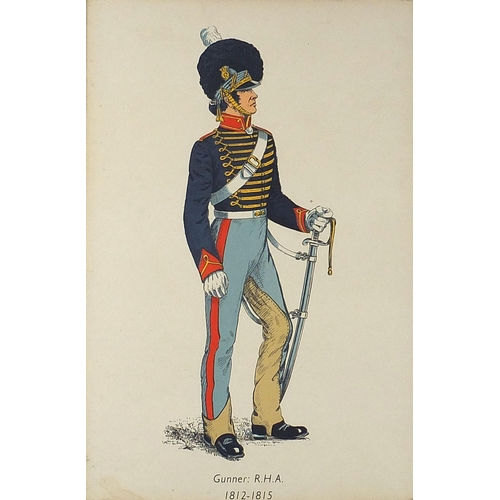 1655 - Set of seven British military interest prints in colour including Gunner Royal Artillery, Officer 1s... 