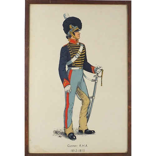 1655 - Set of seven British military interest prints in colour including Gunner Royal Artillery, Officer 1s... 