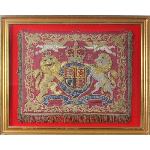 2468 - Military interest embroidered trumpet banner with the English coat of arms and E R Royal cypher, mou... 