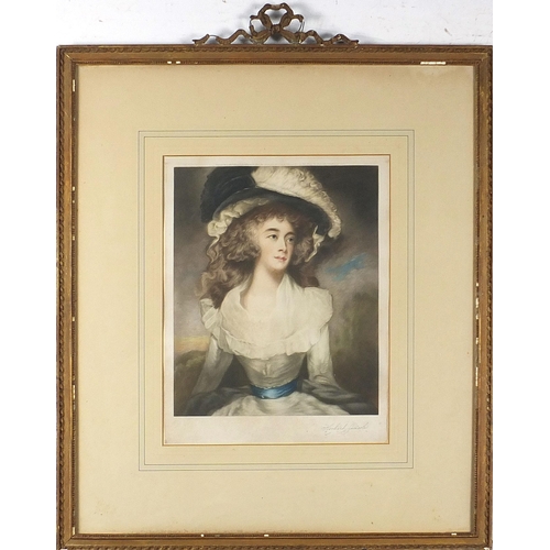 688 - Herbert Sedcote - Portrait of a lady wearing a hat, pencil signed print in colour, embossed blind st... 