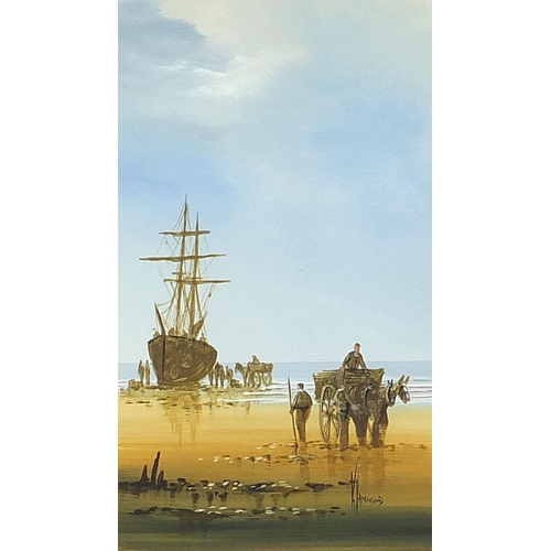 1661 - Ken Hammond - Figures on a beach before ships, set of four oils, mounted, framed and glazed, each 24... 